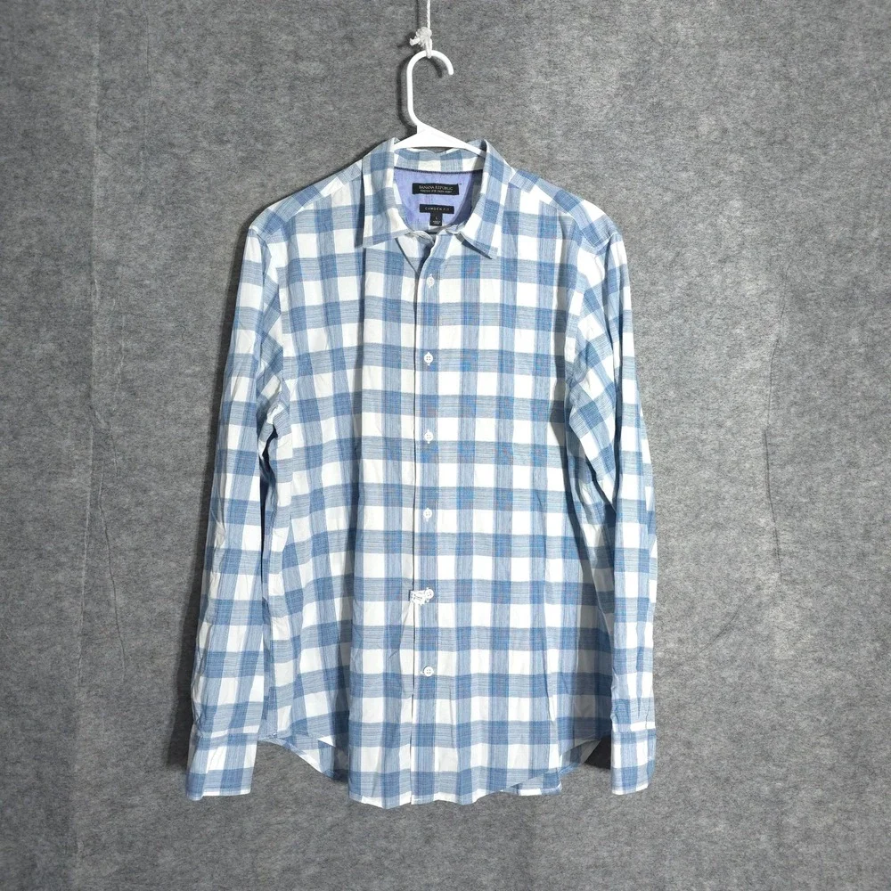 Banana Republic Camden Fit Shirt Mens Large Blue Plaid Custom 078 Wash Cotton L